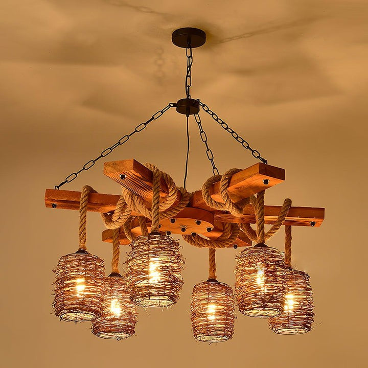 Rustic Rattan & Wood Farmhouse Chandelier