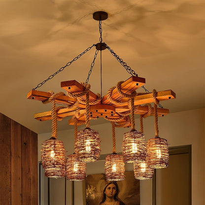 Rustic Rattan & Wood Farmhouse Chandelier