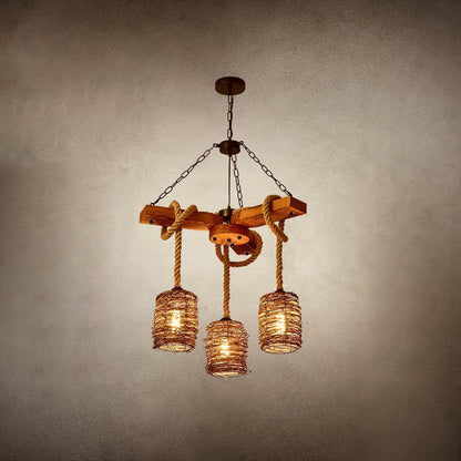 Rustic Rattan & Wood Farmhouse Chandelier