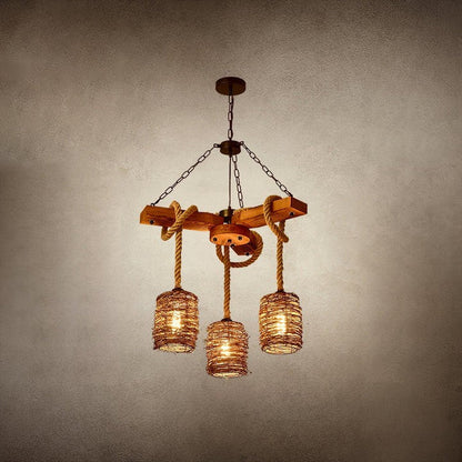 Rustic Rattan & Wood Farmhouse Chandelier