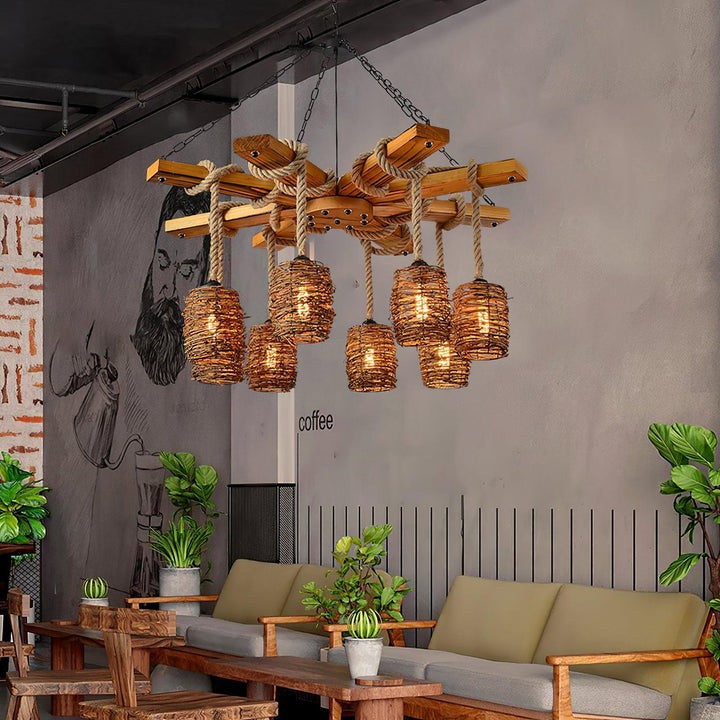 Rustic Rattan & Wood Farmhouse Chandelier
