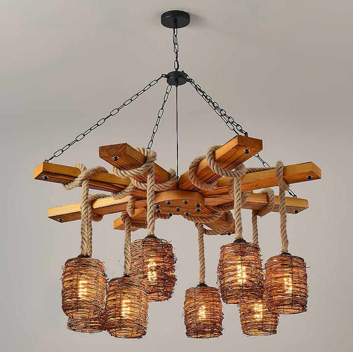 Rustic Rattan & Wood Farmhouse Chandelier
