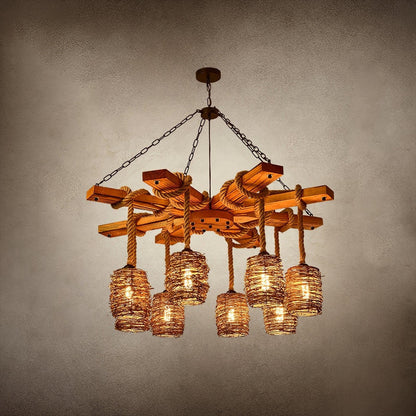 Rustic Rattan & Wood Farmhouse Chandelier