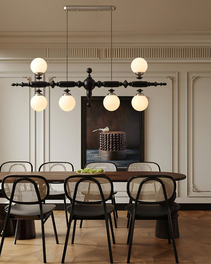 Rustic Wooden Beam Chandelier with White Glass Globes