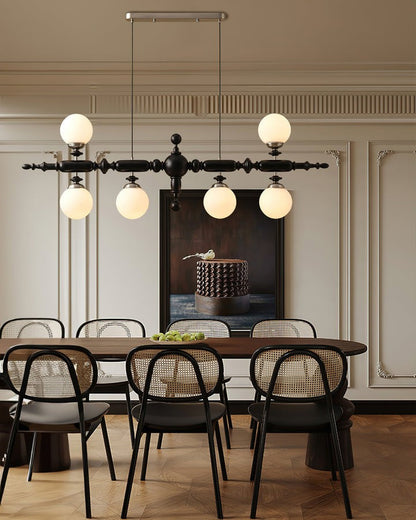 Rustic Wooden Beam Chandelier with White Glass Globes
