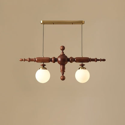 Rustic Wooden Beam Chandelier with White Glass Globes