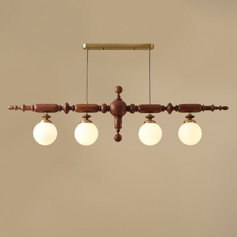 Rustic Wooden Beam Chandelier with White Glass Globes