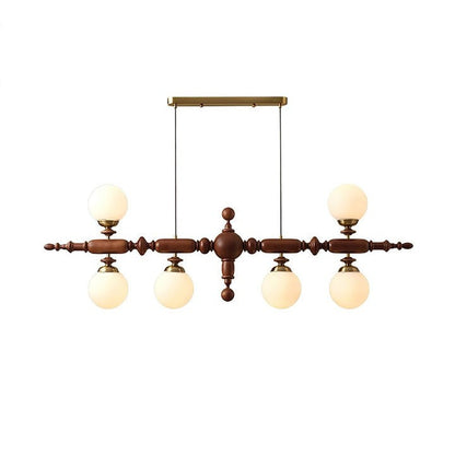 Rustic Wooden Beam Chandelier with White Glass Globes