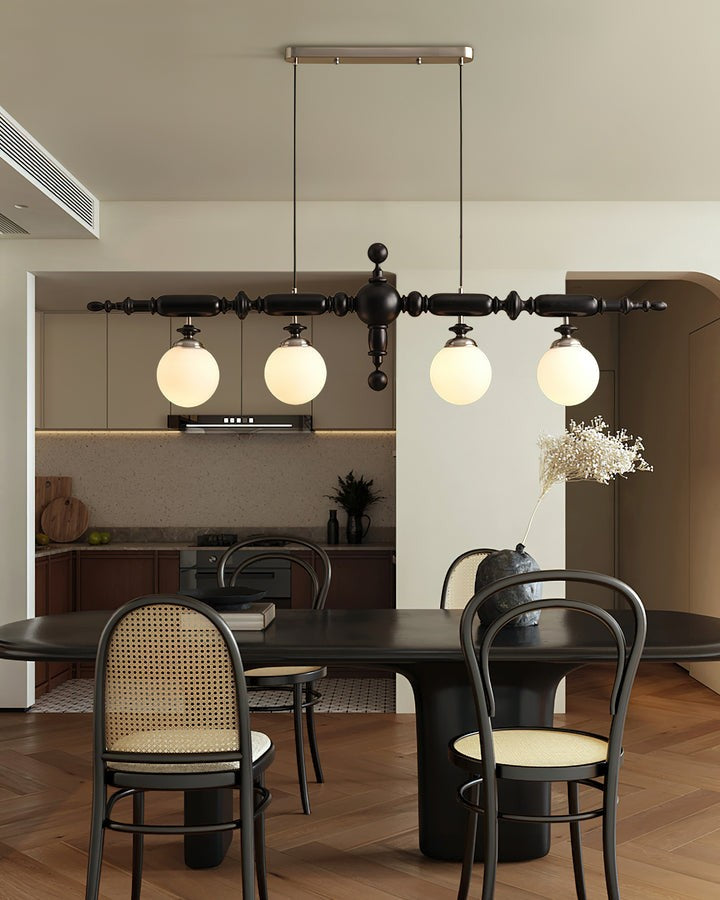 Rustic Wooden Beam Chandelier with White Glass Globes
