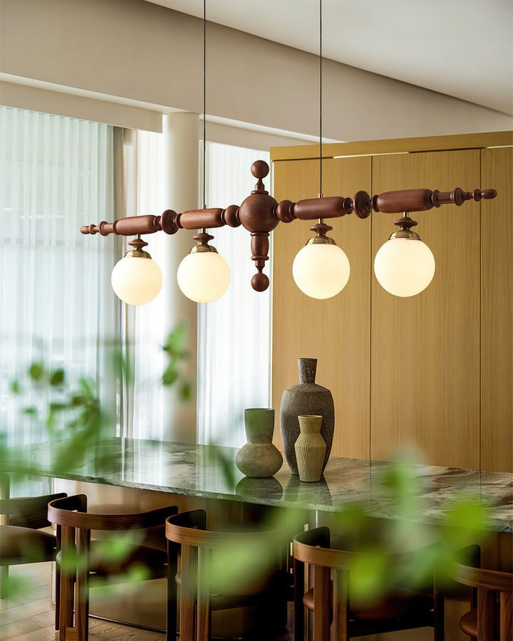 Rustic Wooden Beam Chandelier with White Glass Globes