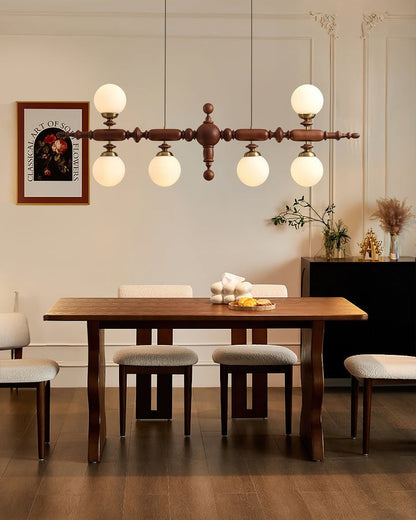 Rustic Wooden Beam Chandelier with White Glass Globes