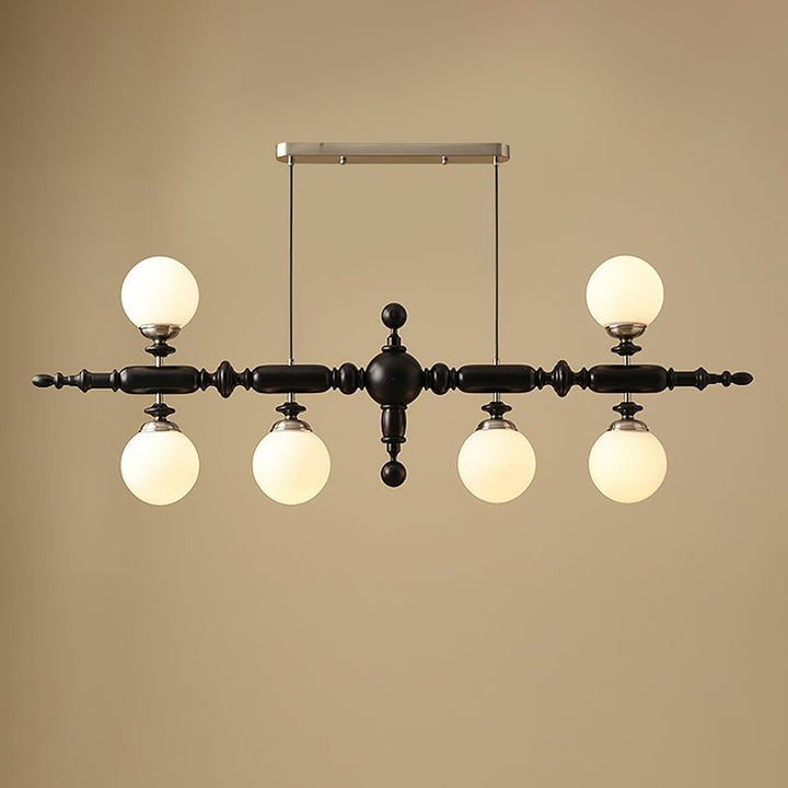 Rustic Wooden Beam Chandelier with White Glass Globes