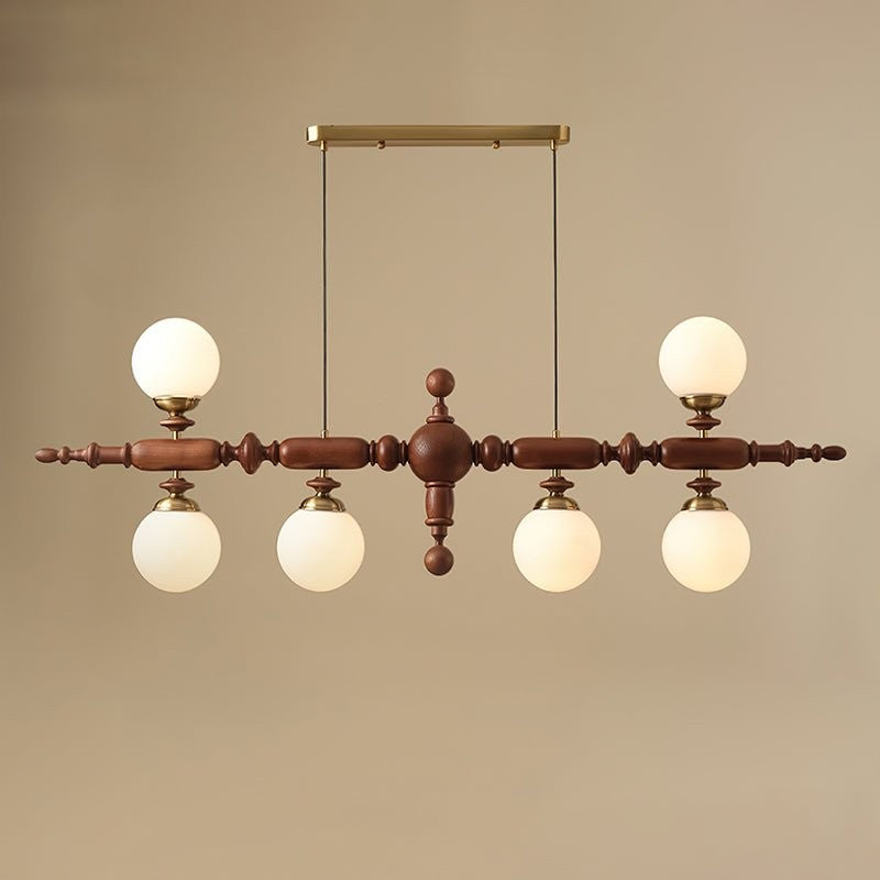 Rustic Wooden Beam Chandelier with White Glass Globes