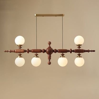 Rustic Wooden Beam Chandelier with White Glass Globes