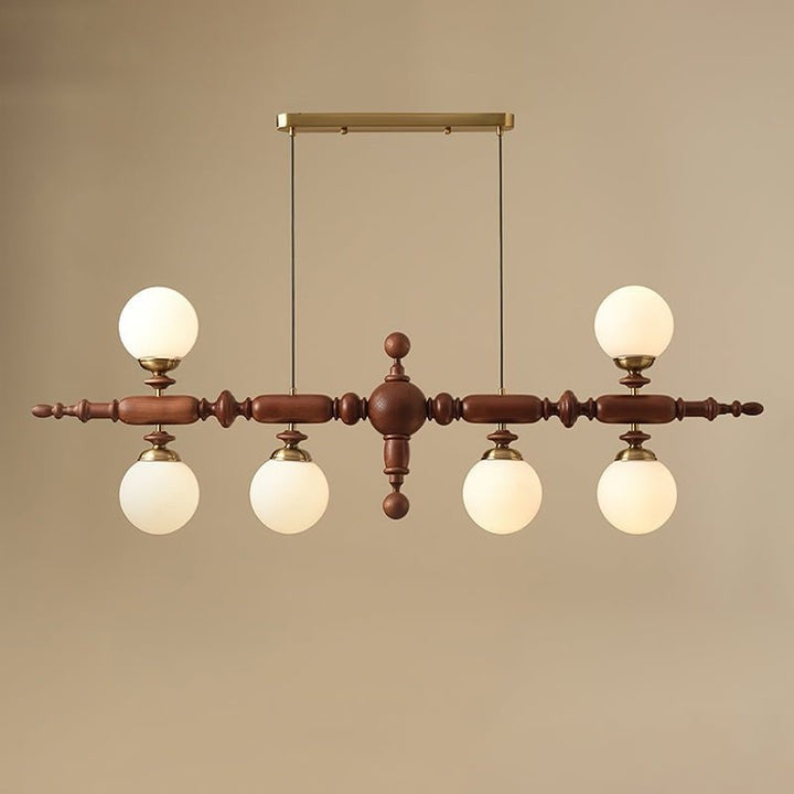 Rustic Wooden Beam Chandelier with White Glass Globes