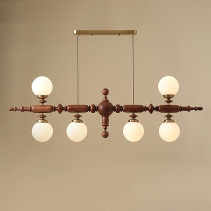 Rustic Wooden Beam Chandelier with White Glass Globes