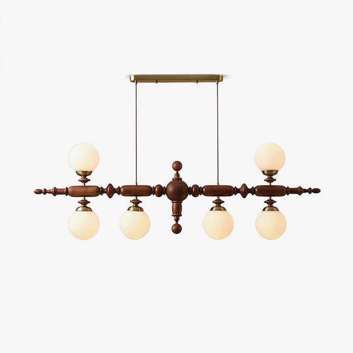 Rustic Wooden Beam Chandelier with White Glass Globes