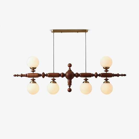 Rustic Wooden Beam Chandelier with White Glass Globes