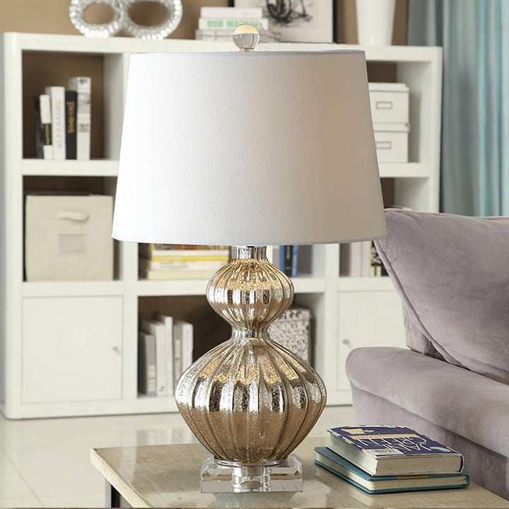 Silver Mercury Glass Table Lamp with Linen Drum Shade