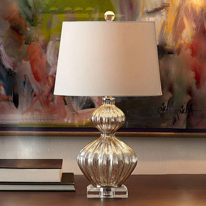 Silver Mercury Glass Table Lamp with Linen Drum Shade