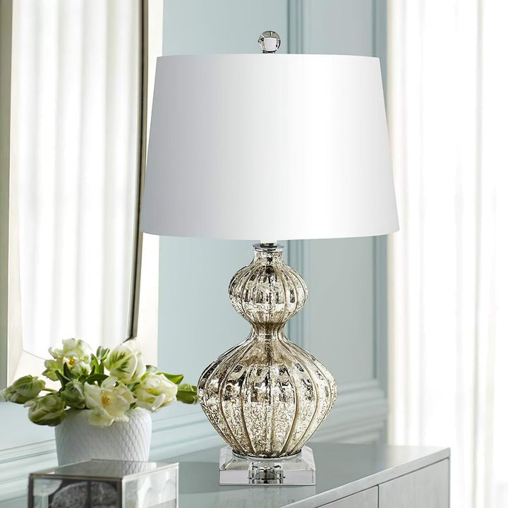 Silver Mercury Glass Table Lamp with Linen Drum Shade