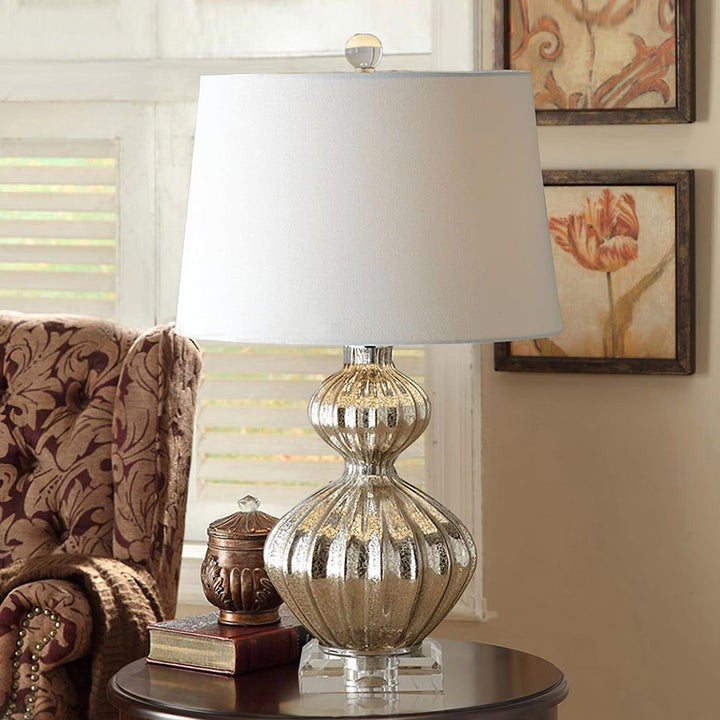 Silver Mercury Glass Table Lamp with Linen Drum Shade
