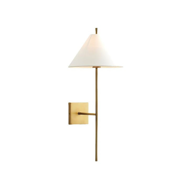 Sleek Brass Wall Sconce with White Shade & Ambient LED Lighting