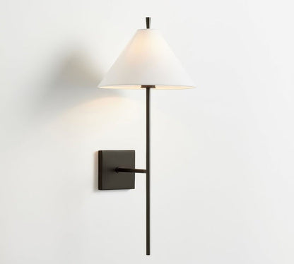 Sleek Brass Wall Sconce with White Shade & Ambient LED Lighting