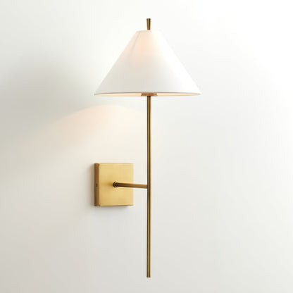 Sleek Brass Wall Sconce with White Shade & Ambient LED Lighting