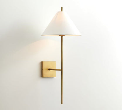 Sleek Brass Wall Sconce with White Shade & Ambient LED Lighting