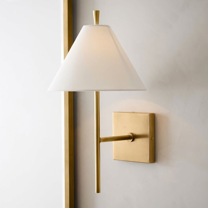 Sleek Brass Wall Sconce with White Shade & Ambient LED Lighting