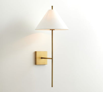 Sleek Brass Wall Sconce with White Shade & Ambient LED Lighting