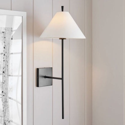 Sleek Brass Wall Sconce with White Shade & Ambient LED Lighting