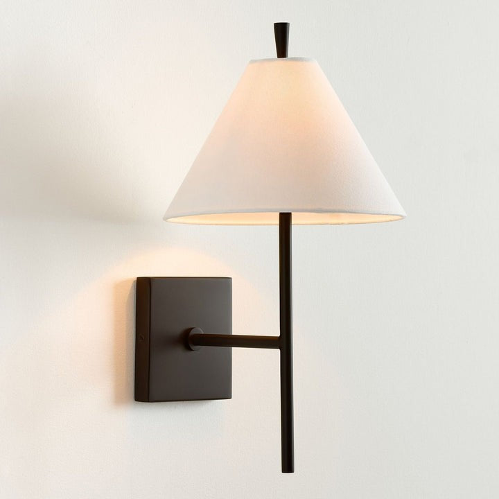 Sleek Brass Wall Sconce with White Shade & Ambient LED Lighting