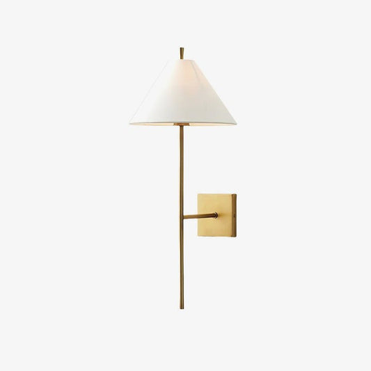 Sleek Brass Wall Sconce with White Shade & Ambient LED Lighting