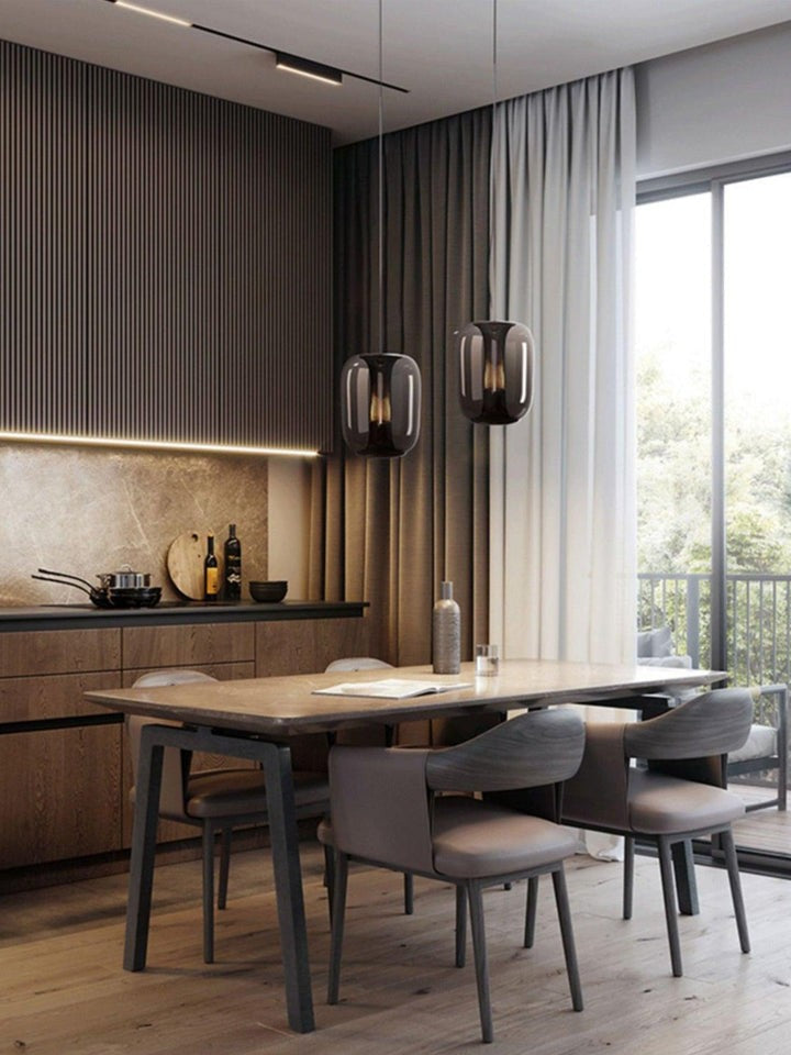 Smoke Gray LED Glass Pendant Light with Gold Accents