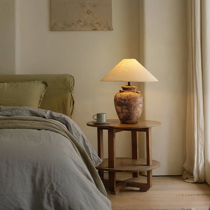 Textured Terracotta Vase Table Lamp with Beige Fabric Shade