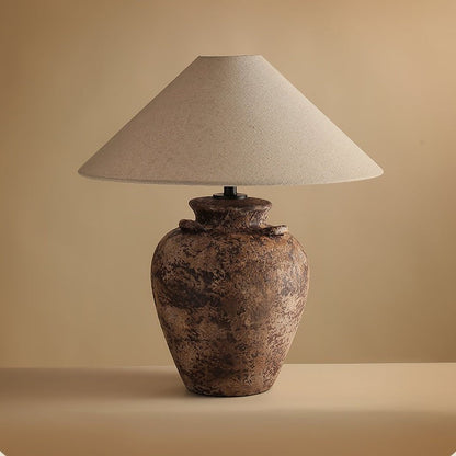 Textured Terracotta Vase Table Lamp with Beige Fabric Shade