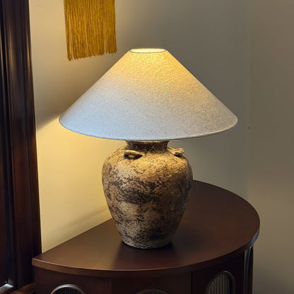 Textured Terracotta Vase Table Lamp with Beige Fabric Shade