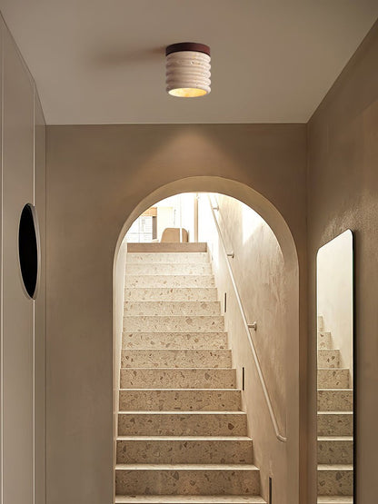 Textured Travertine LED Ceiling Light with Walnut Accents