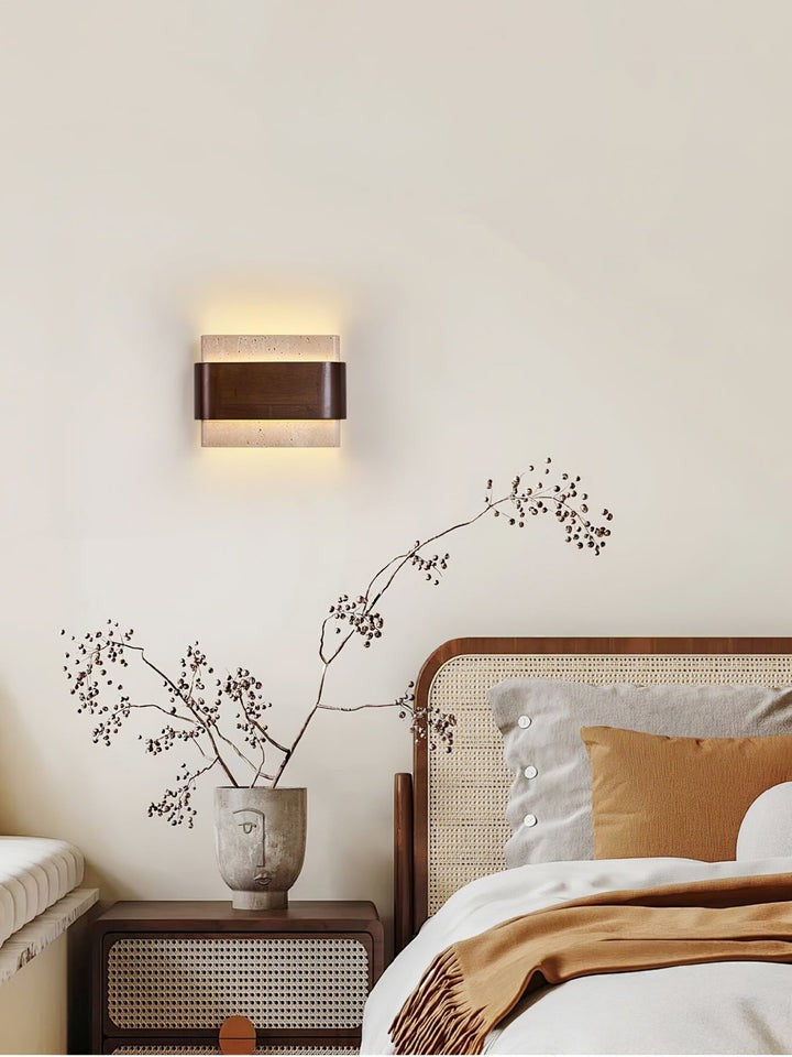 Travertine LED Wall Sconce with Walnut Accents