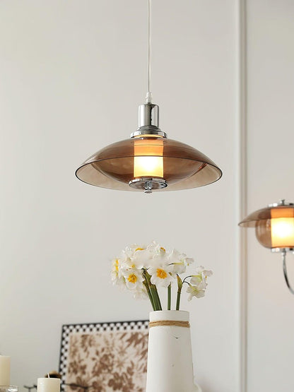 UFO-Inspired Chrome Pendant with Amber Glass Shade