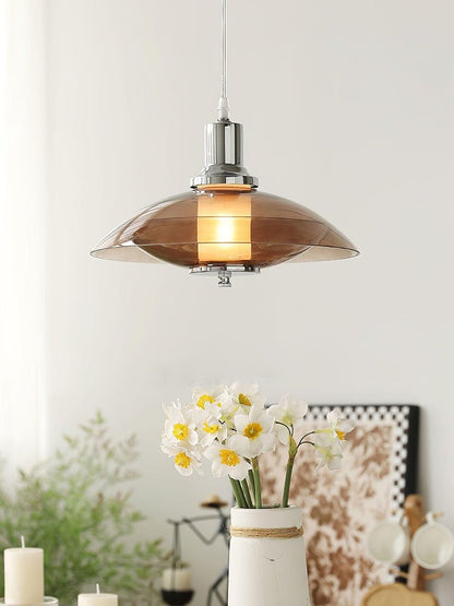 UFO-Inspired Chrome Pendant with Amber Glass Shade