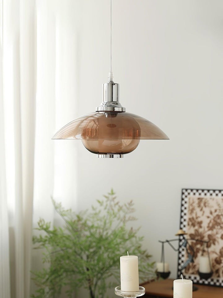 UFO-Inspired Chrome Pendant with Amber Glass Shade