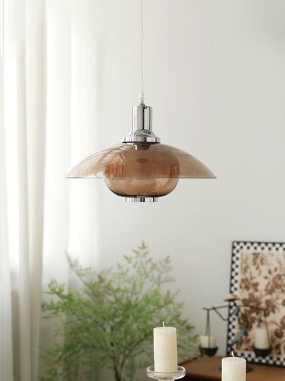 UFO-Inspired Chrome Pendant with Amber Glass Shade