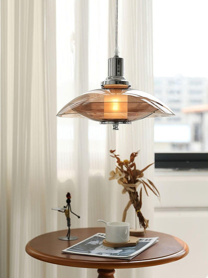 UFO-Inspired Chrome Pendant with Amber Glass Shade