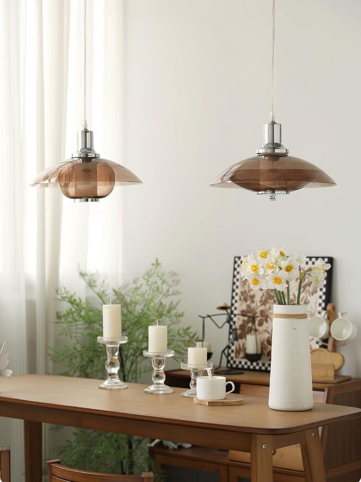 UFO-Inspired Chrome Pendant with Amber Glass Shade