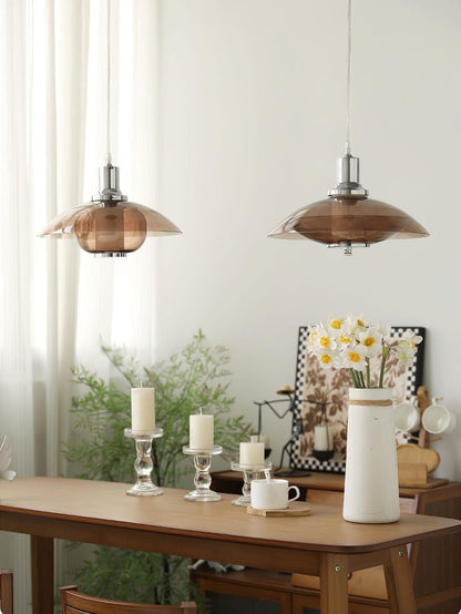 UFO-Inspired Chrome Pendant with Amber Glass Shade