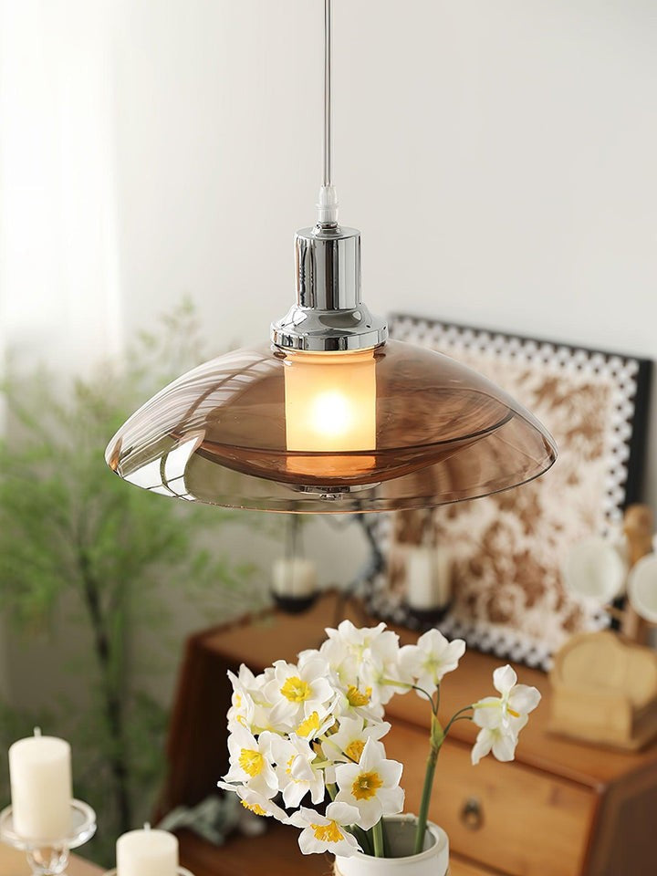 UFO-Inspired Chrome Pendant with Amber Glass Shade