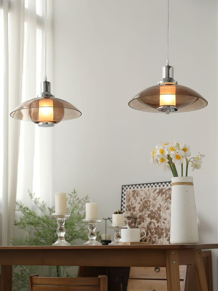 UFO-Inspired Chrome Pendant with Amber Glass Shade